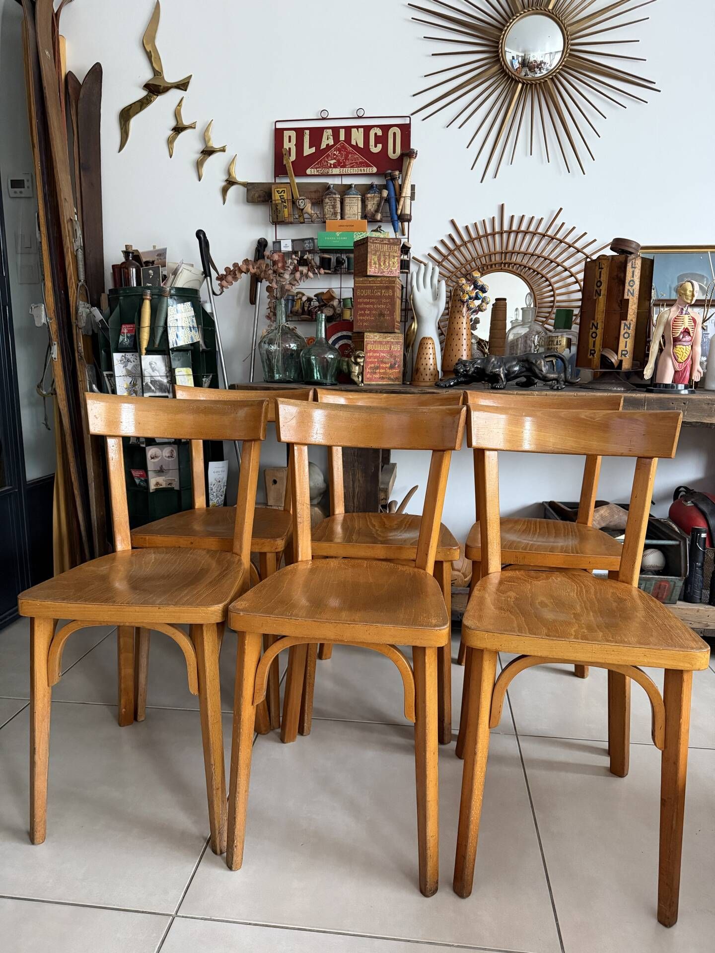 Set of 6 vintage wooden bistro chairs by Baumann