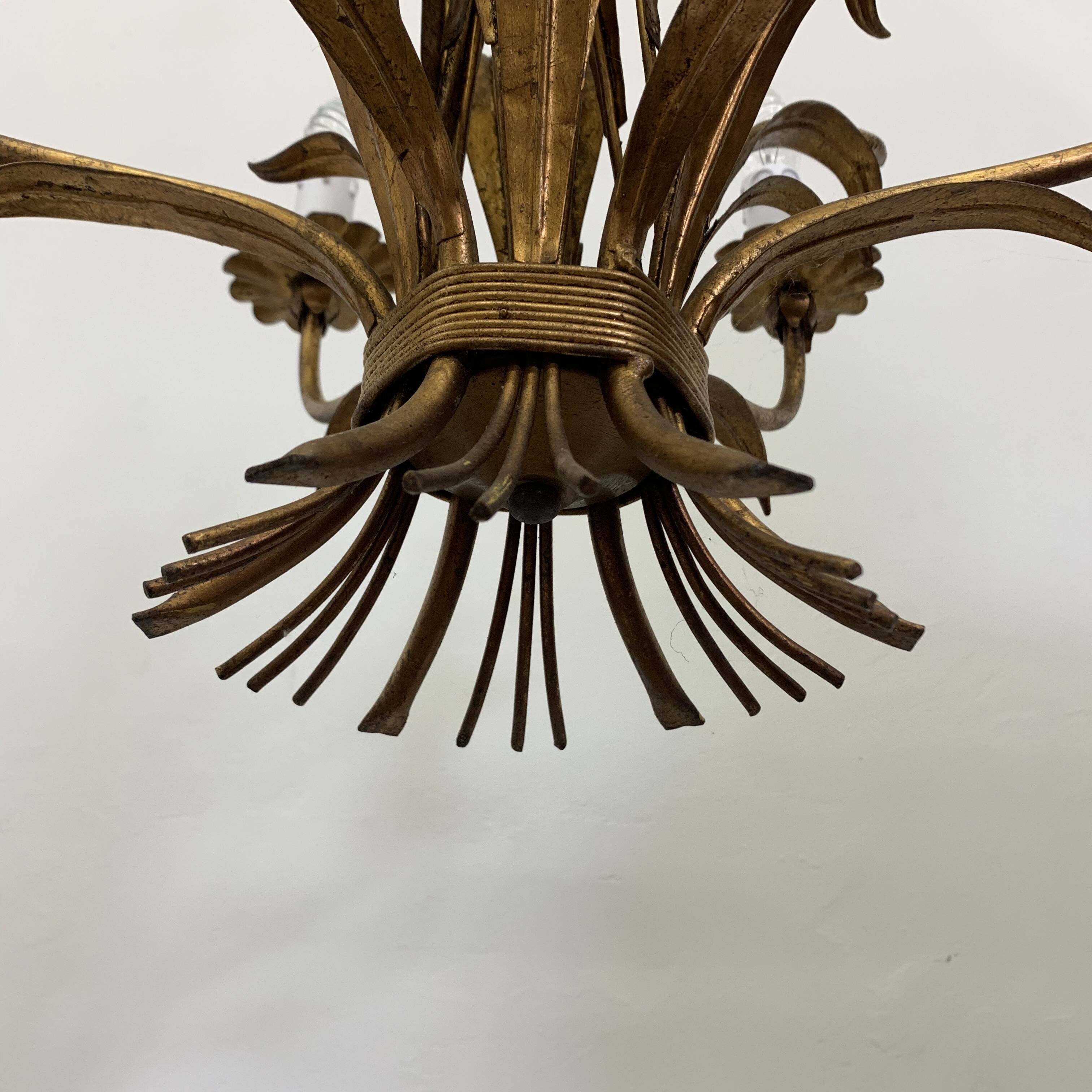 Large wheat sheaf leaf gold gilt chandelier, 1960’s
