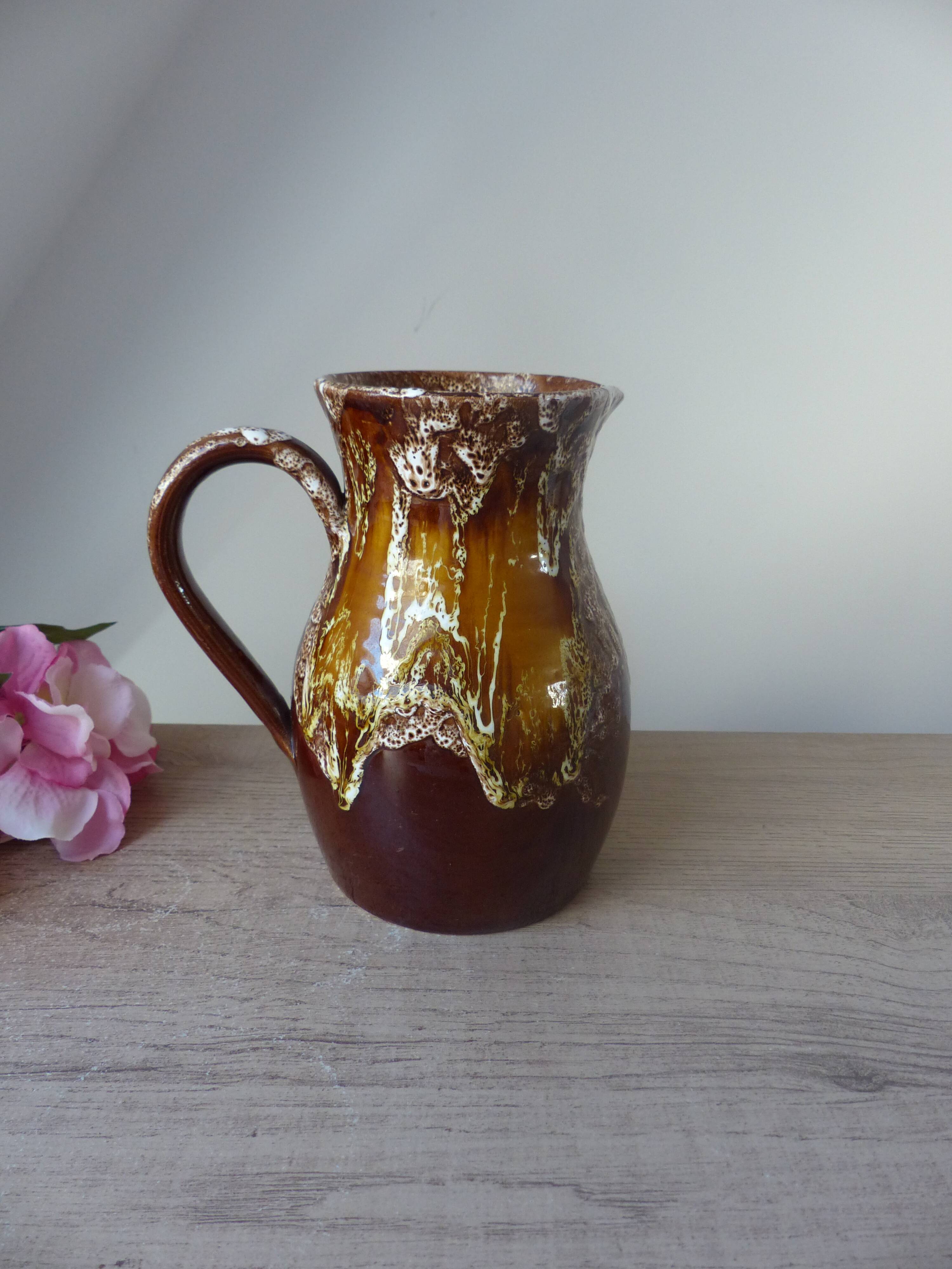 Old brown ceramic water jug pitcher, rustic country house pitcher 1970s