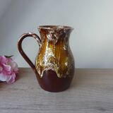 Old brown ceramic water jug pitcher, rustic country house pitcher 1970s