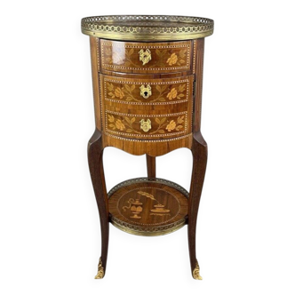 Marquetry Pedestal Table With Drawers And Round Top, 19th Century