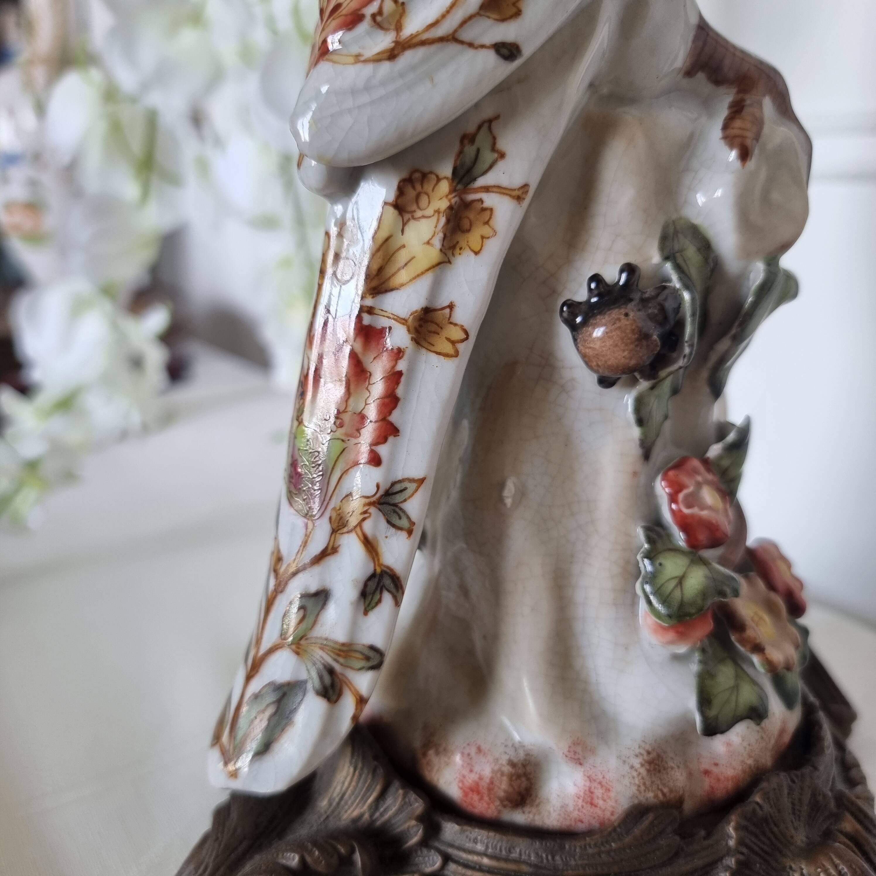 Parrot Candle Holder, Enameled Porcelain and Bronze, Late 19th Century