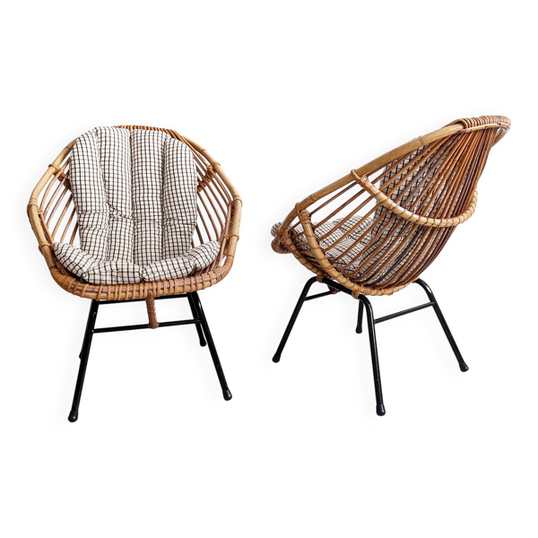 Lot de 2 fauteuils en rotin, années 1960