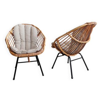 Lot de 2 fauteuils en rotin, années 1960