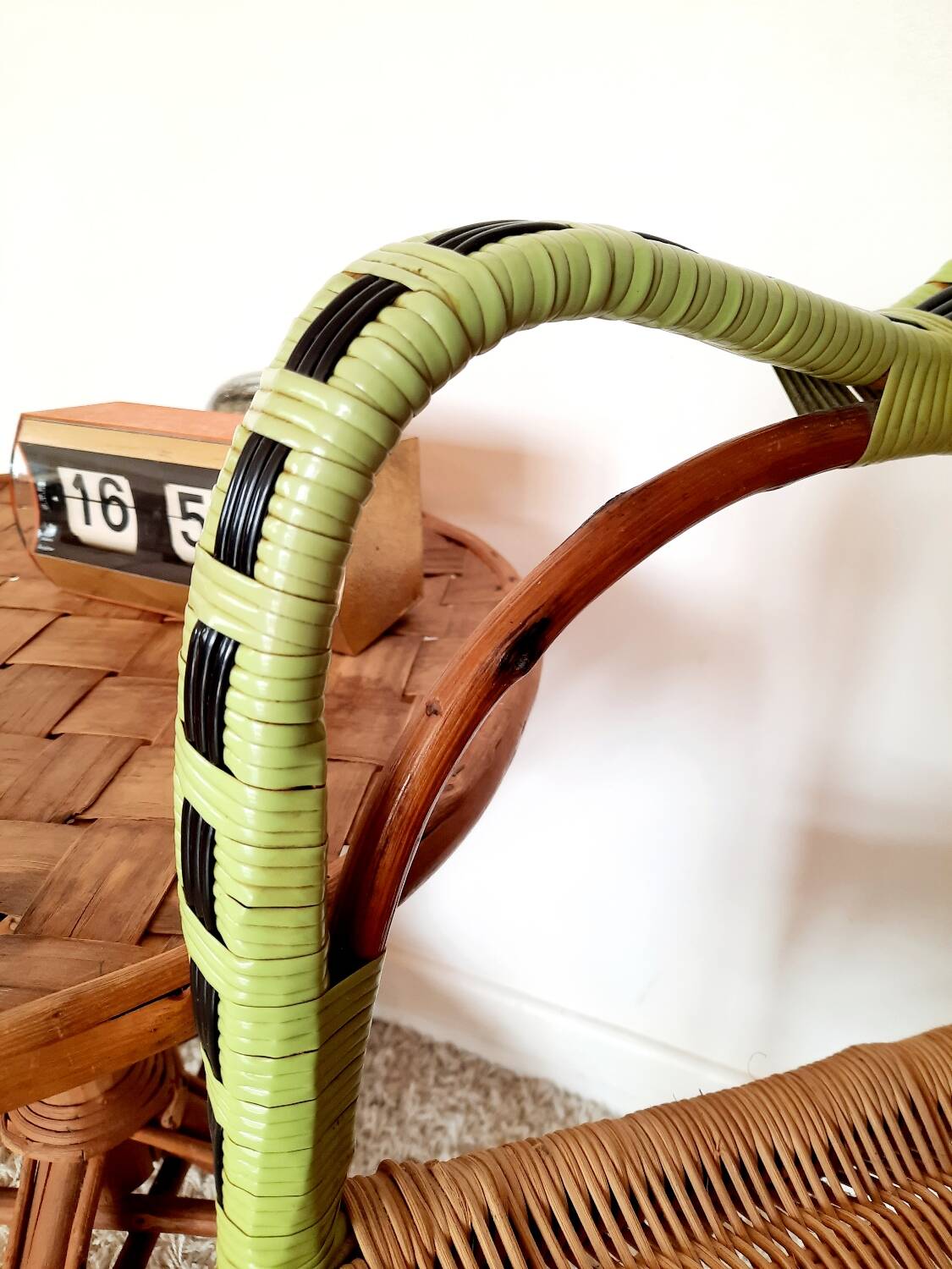 50s/60s rattan armchair with black apple green edging
