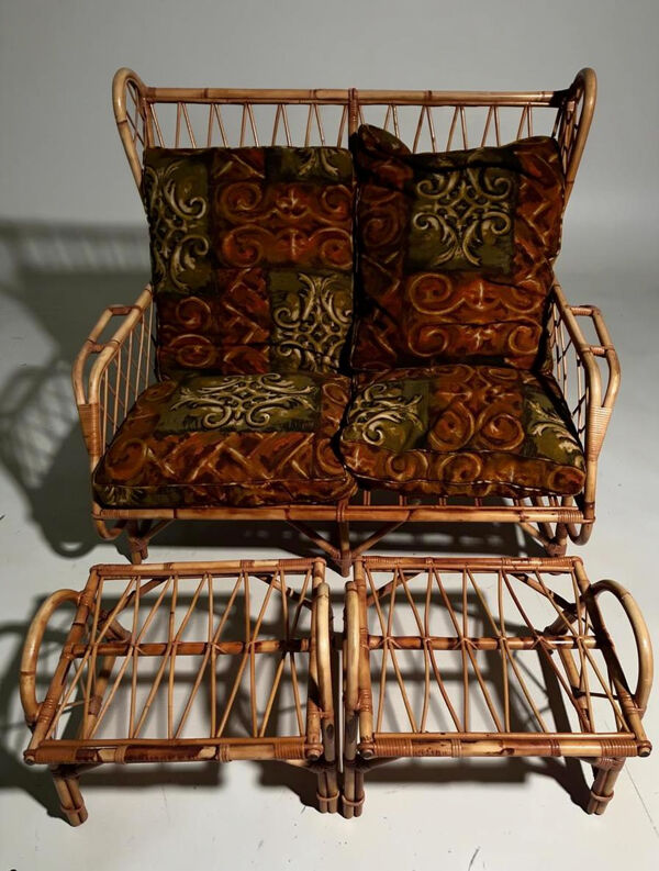 Salon en rotin vintage 70’s  – canapé + 2 repose-pieds