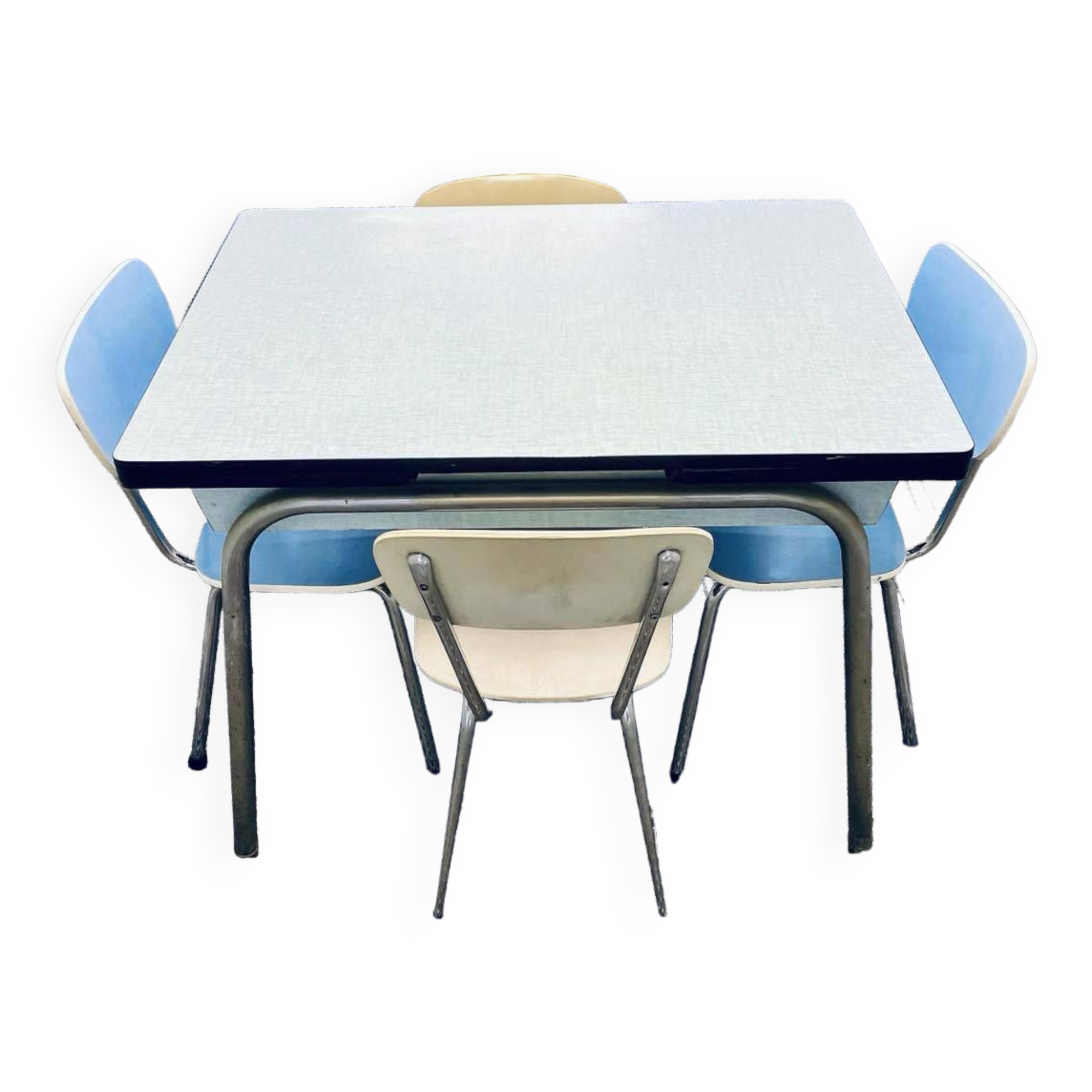 Blue vintage formica table - 4 chairs - extensions