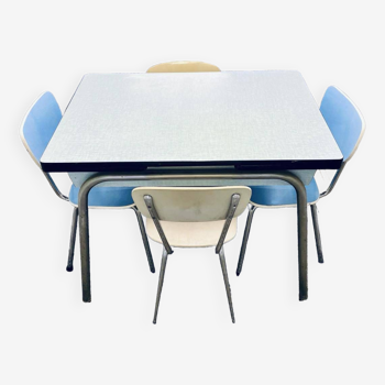 Table bleu en formica vintage - 4 chaises - rallonges