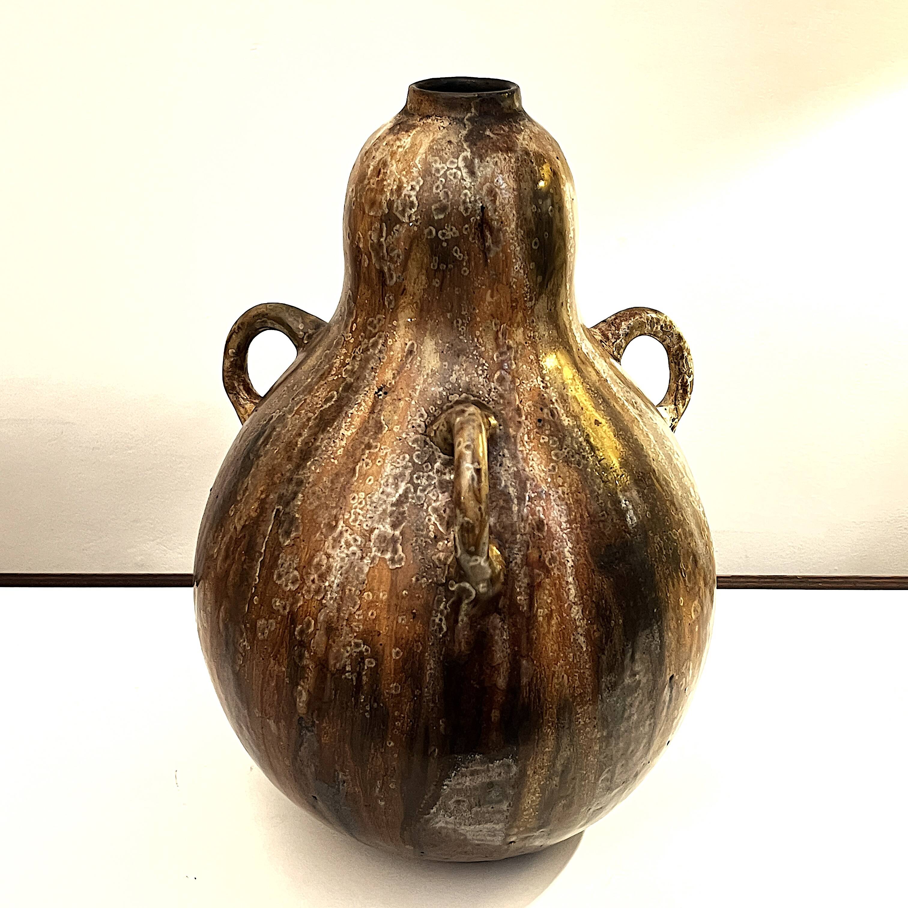art nouveau brown 'colocynth' vase with three handles, roger guerin
