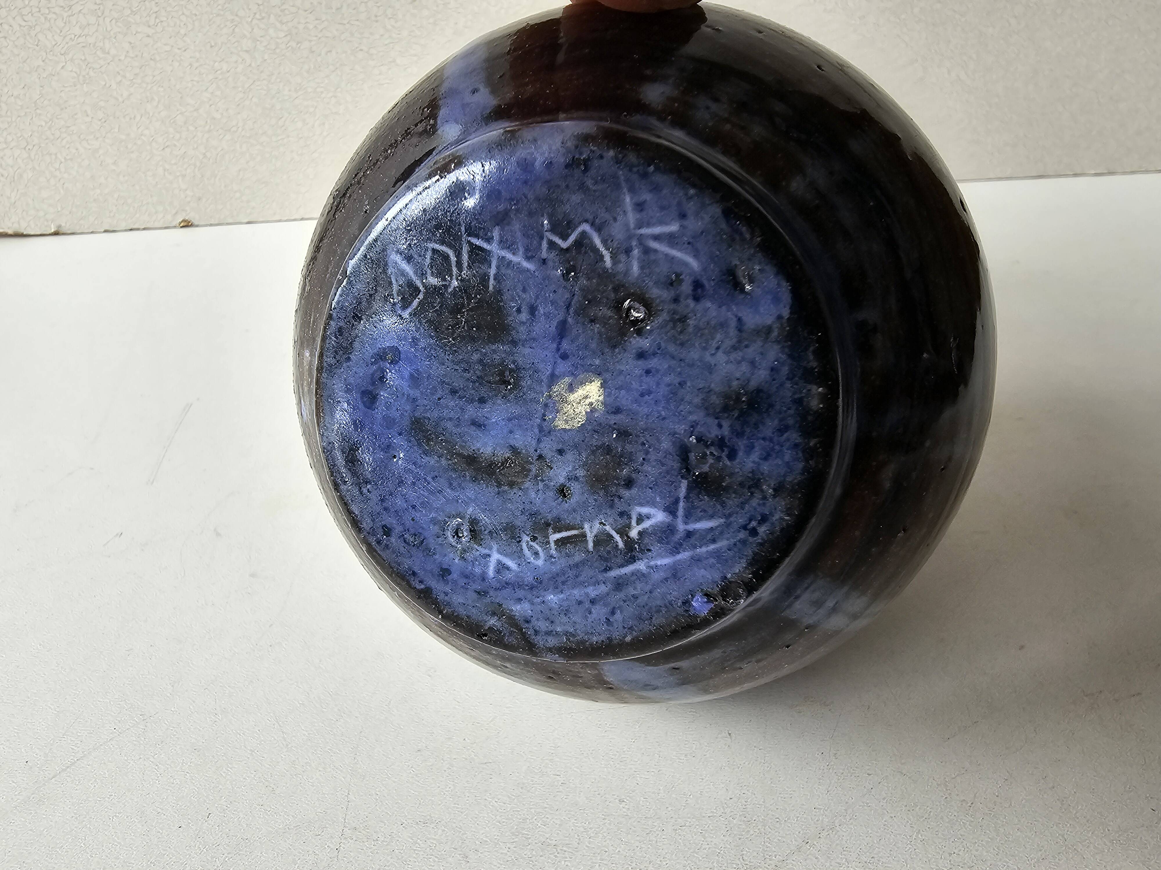 Blue glazed ceramic soliflore ball vase signed (Signature to be identified)