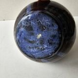 Blue glazed ceramic soliflore ball vase signed (Signature to be identified)