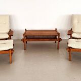 Salon de campagne italien en chêne avec nouveau revêtement en tissu bouclé, années 1970