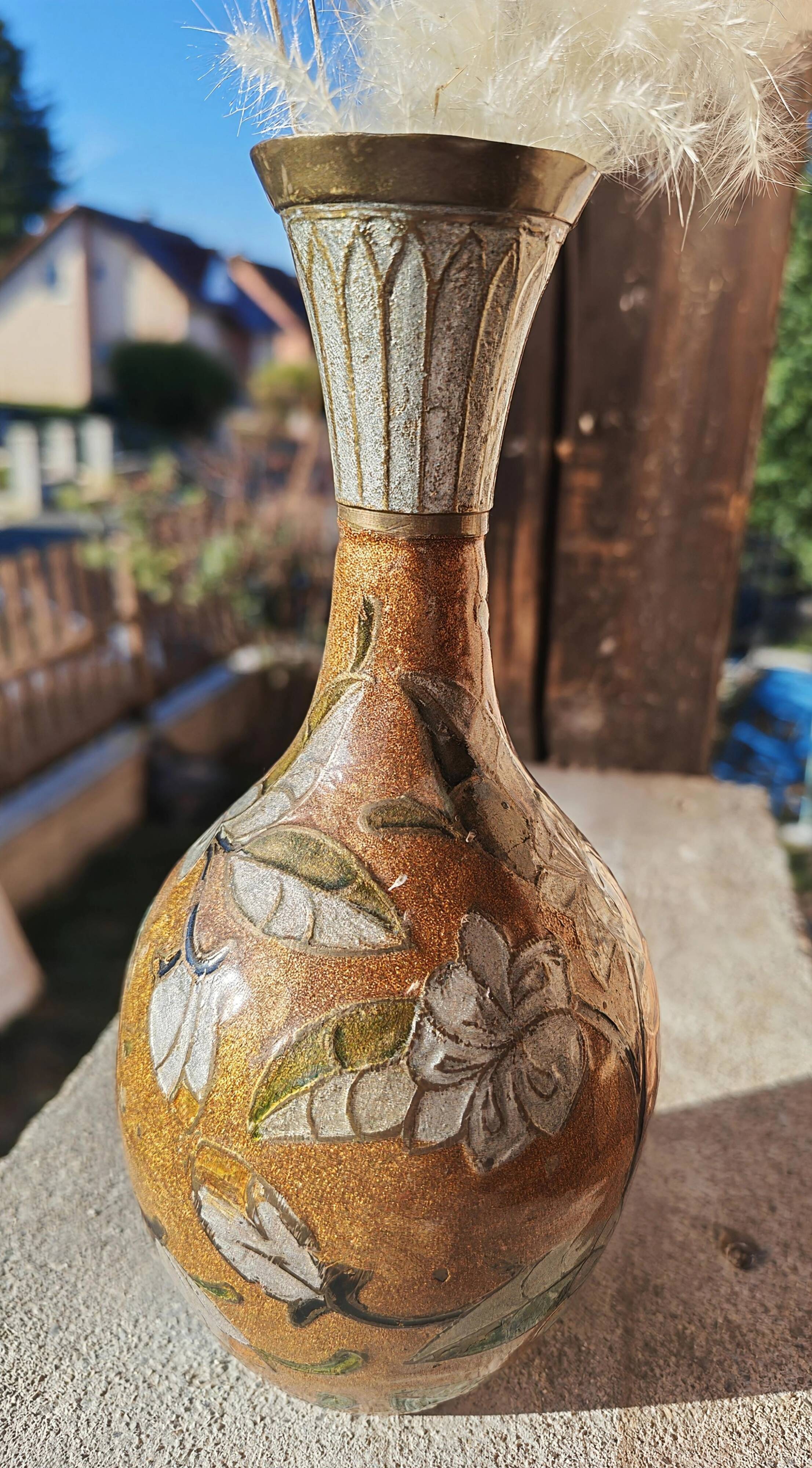 Antique oriental metal vase – floral decoration – vintage