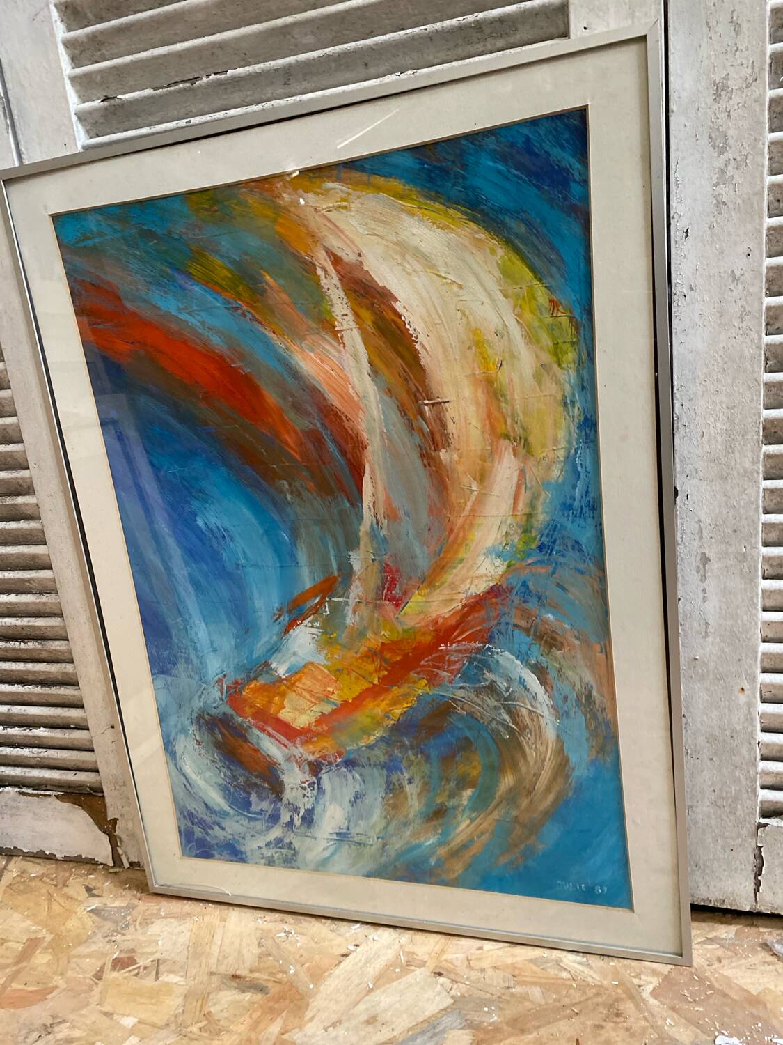 Old Oil On Paper JULIE Boat 89 + Grey Aluminum Frame