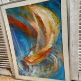 Old Oil On Paper JULIE Boat 89 + Grey Aluminum Frame