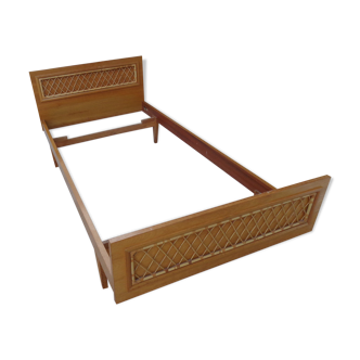 Bed wood and rattan wineing Louis Sognot of the 50s with his articulated box spring