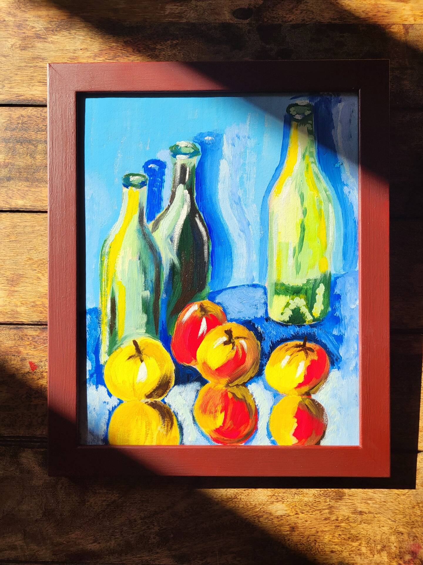 Peinture nature morte vintage encadrée - Bouteilles & Pommes