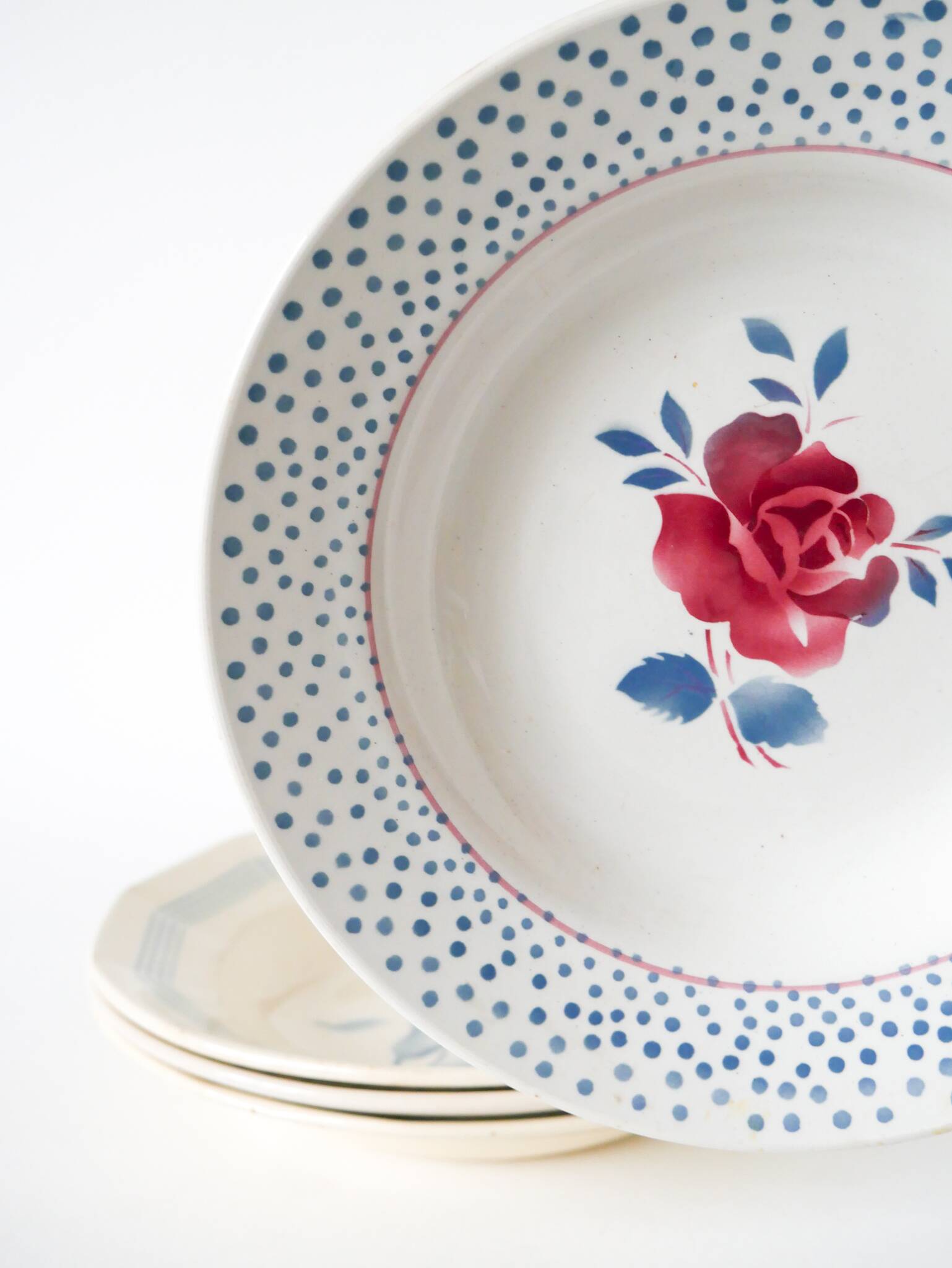 Set of 4 mismatched Digoin Sarreguemines floral soup plates