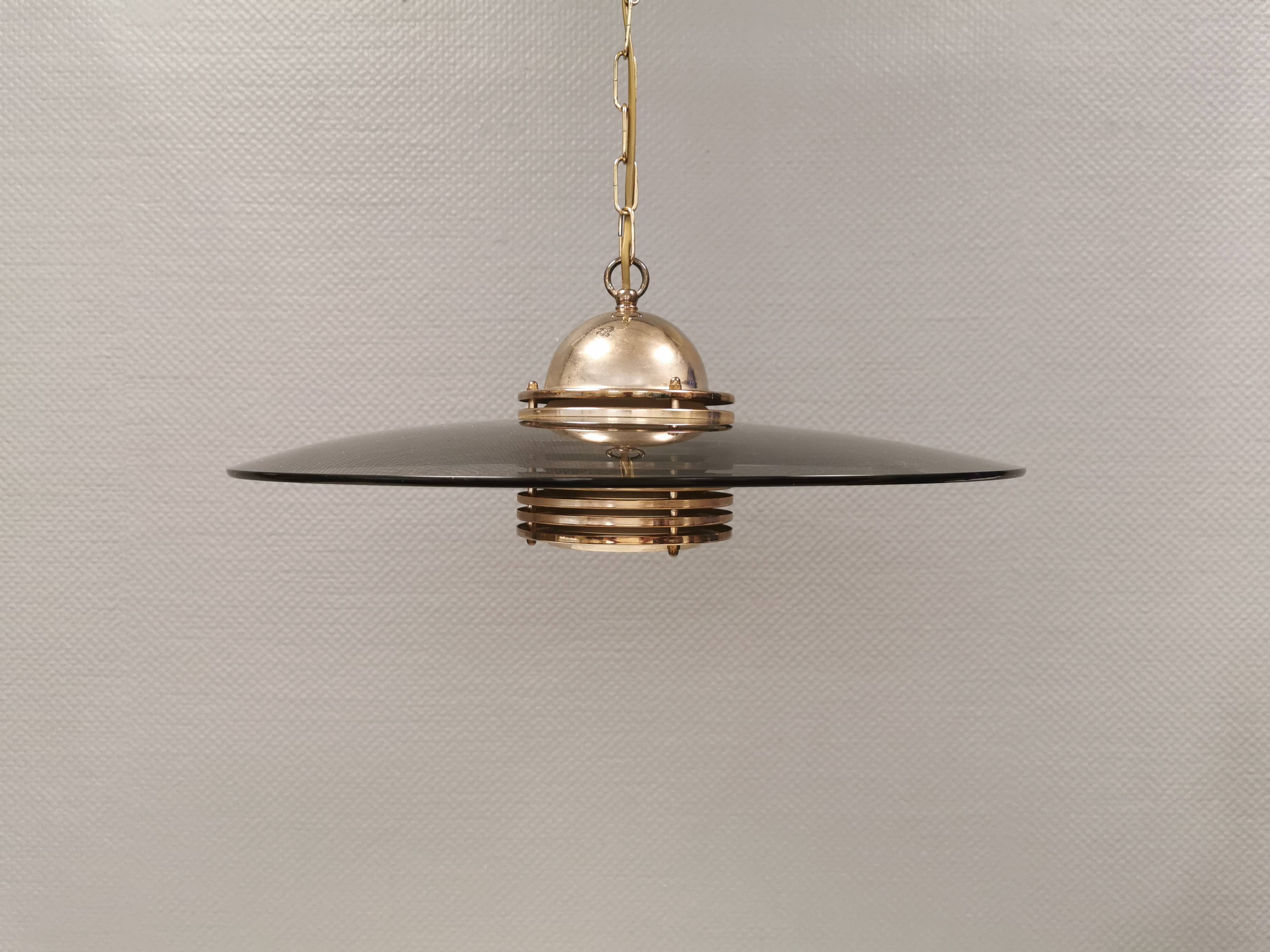 Original Belid T 391 pendant light in gold-coloured metal and smoked glass