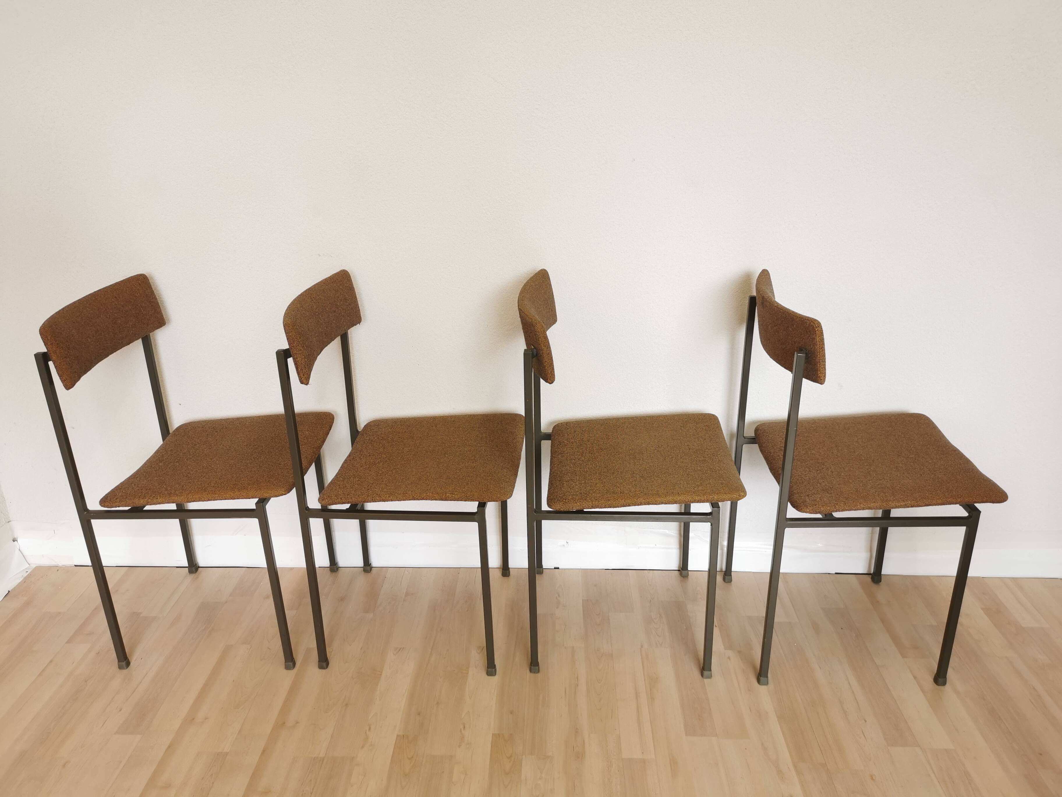 Set of 4 Vintage Industrial School Chairs: Brown Fabric, Black Metal Base