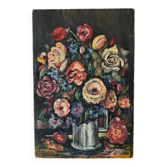 Oil on cardboard by JP Ducas still life with flowers 20th century