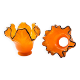 Pair of orange glass tulips with black trim, vintage 70s.