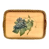 Vintage rattan and varnished wood tray - grape cluster decor