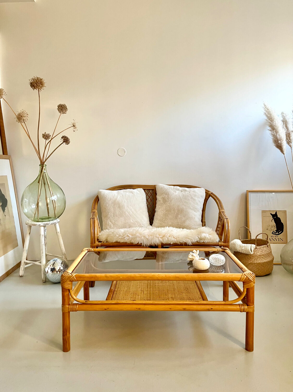 Coffee table 1960s/70s - smoked glass / bamboo / rattan / wicker