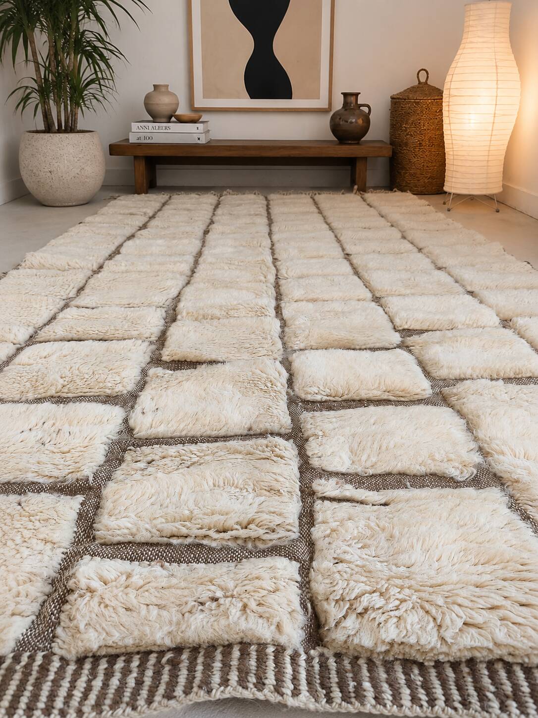 Beni Mrirt Berber Rug Handmade 150x250cm・Textured Paving Pattern・Cream Wool