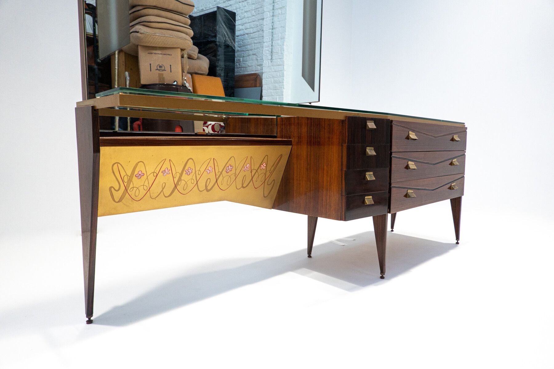 1960's Mid-Century Modern Italian Wooden Dressing Table with Lighting Mirror