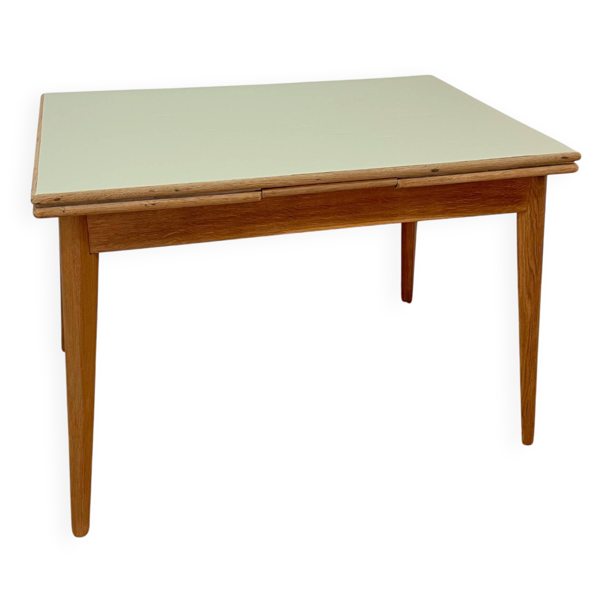 Vintage extendable dining table, wood and sage green