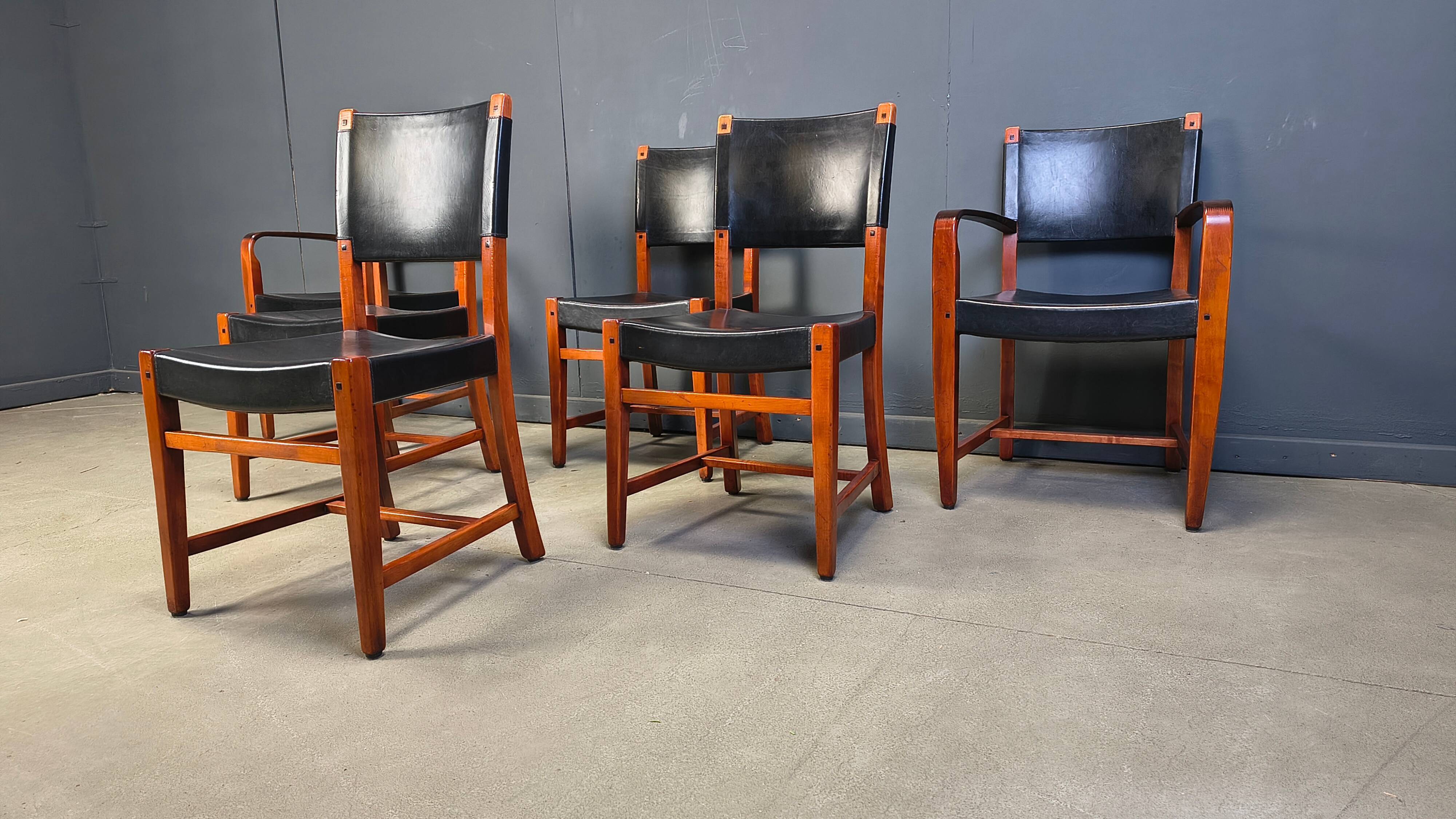 Vintage Spanish leather and wood dining chairs, set of 6 - 1970s