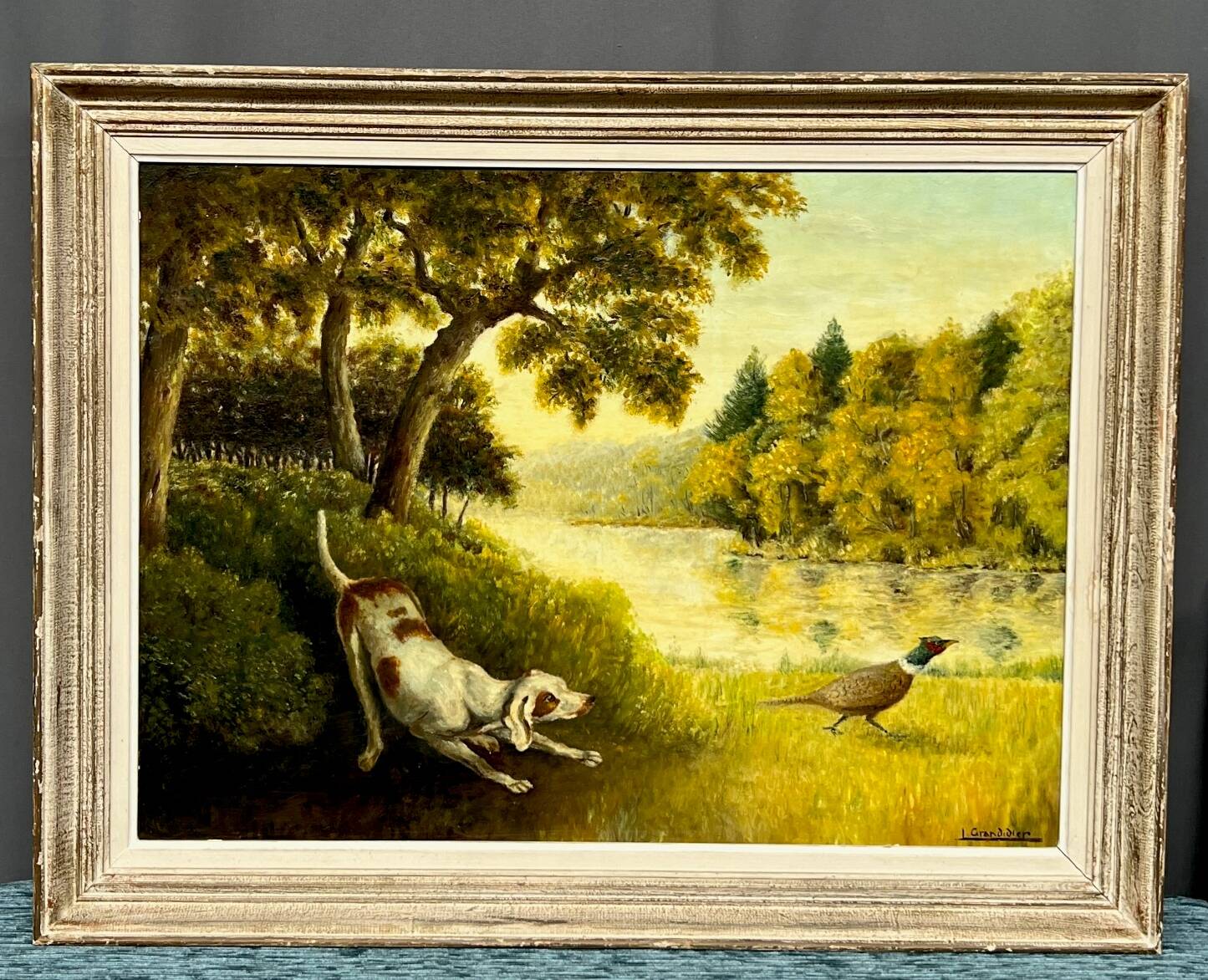 I. Grandidier. “Pheasant Hunting” painting. Oil on wood panel.
