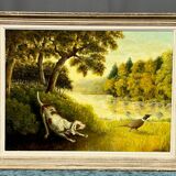 I. Grandidier. “Pheasant Hunting” painting. Oil on wood panel.