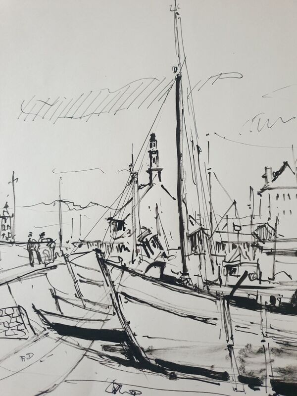 André Duculty (1912-1990) Ink on paper "Port de pêche" Monogrammed lower left