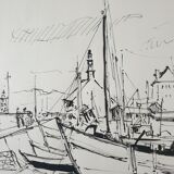 André Duculty (1912-1990) Ink on paper "Port de pêche" Monogrammed lower left