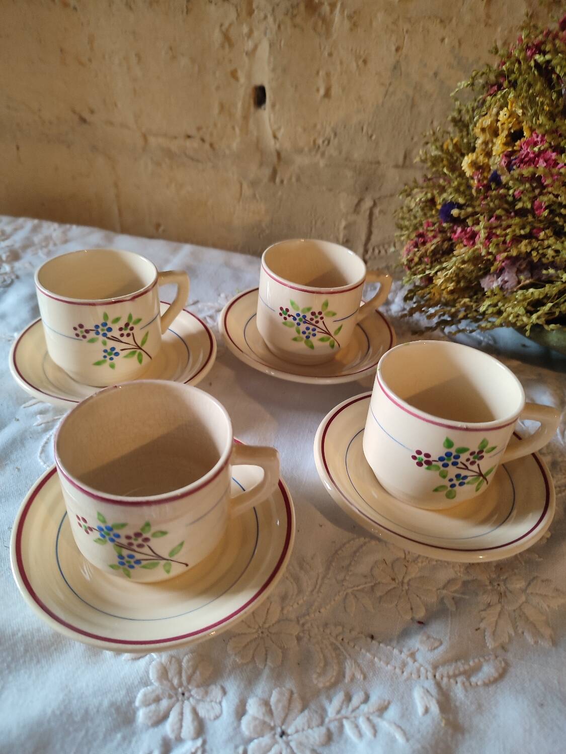 4 iron earth cups and saucers St Amand Moulin des Loups France, Odette model