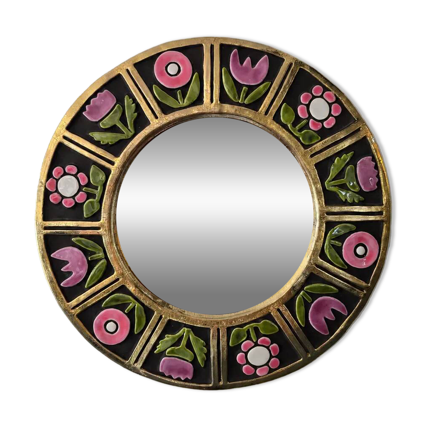 Mithé Espelt - glazed ceramic mirror. Floral decoration, 1960s.