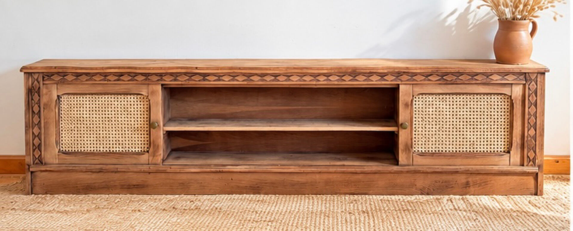 Vintage oak sideboard TV unit with raw finish and caning.