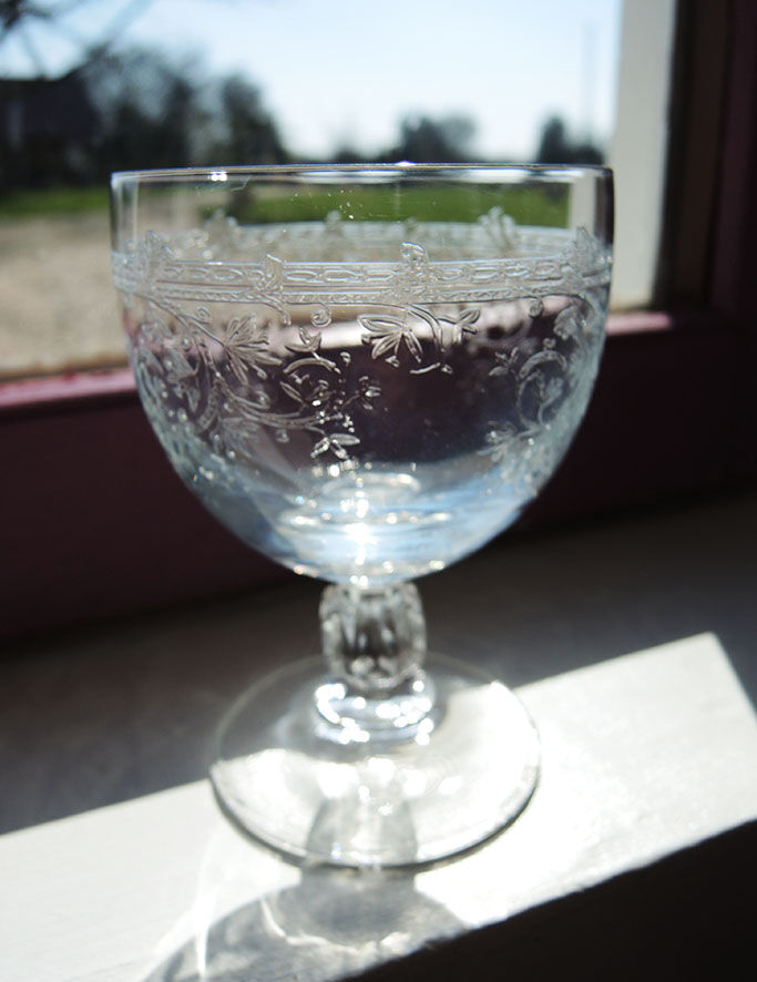 5 old crystal foot glasses engraved