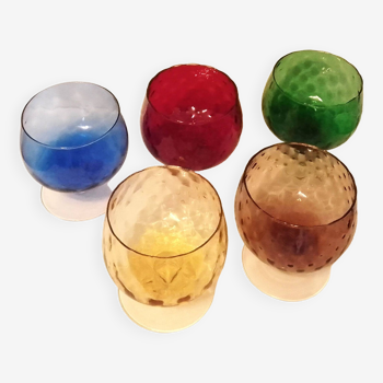 Set of 5 Cognac glasses / colored Empoli glass ramekins