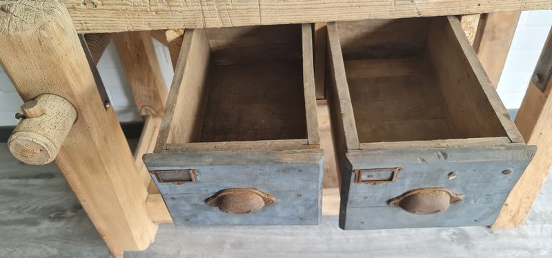 Old carpenter's workbench two drawers, industrial furniture