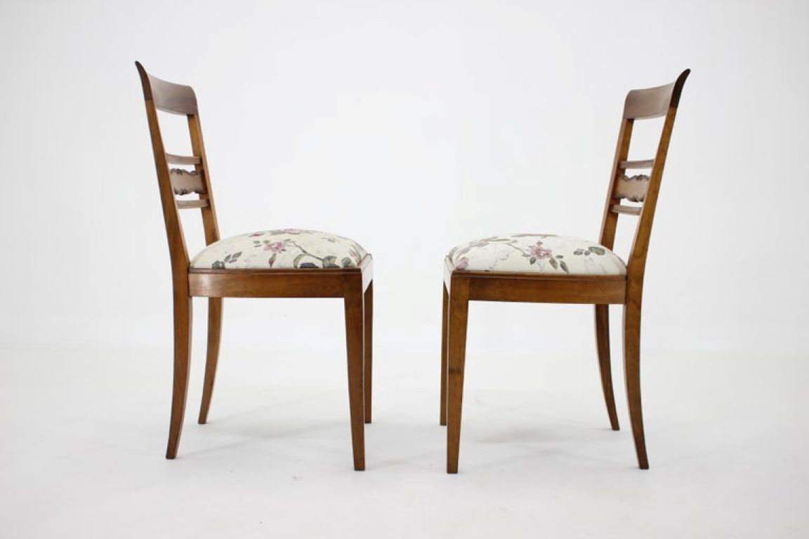 Pair of 1950s Czechoslovakian Refurbished Walnut Side Chairs in Floral Fabr