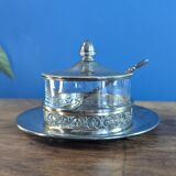 Antique silver-plated metal and glass sugar bowl with spoon
