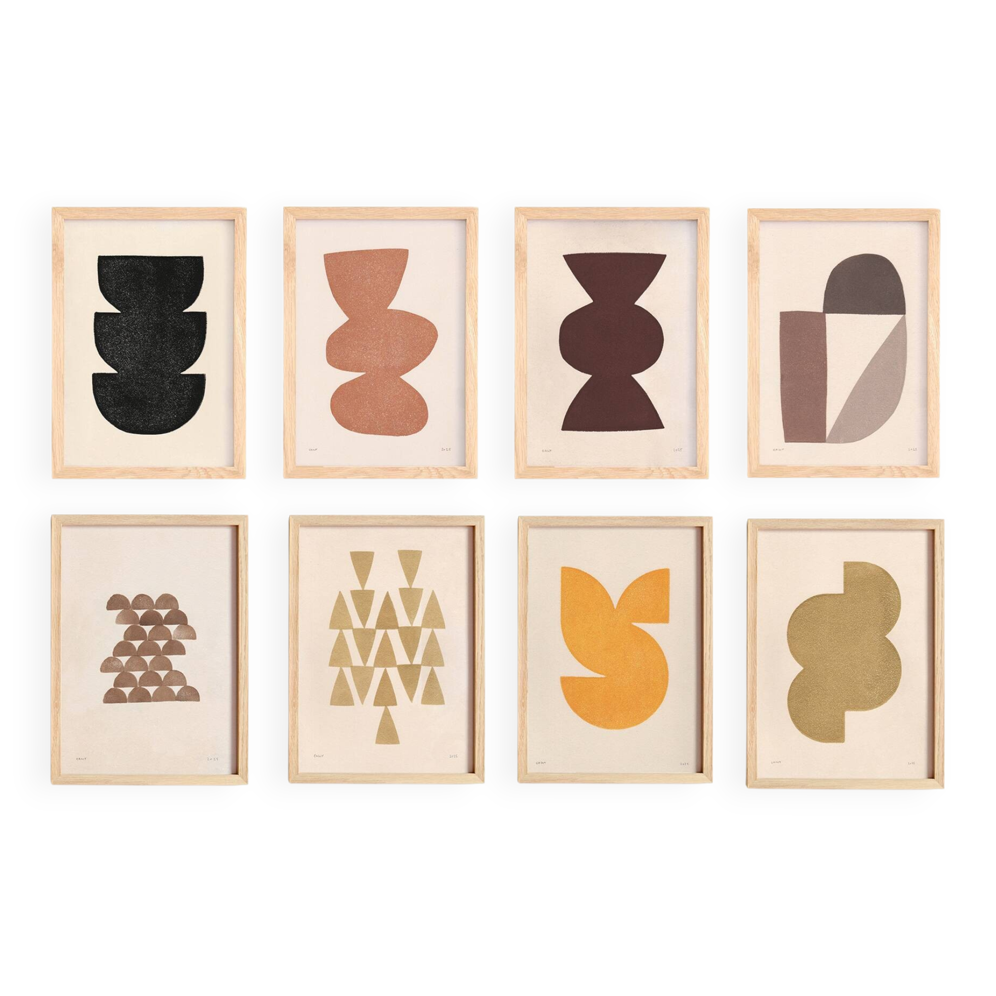 Collection of 8 framed paintings on paper in A4 size, warm colours.