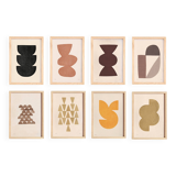 Collection of 8 framed paintings on paper in A4 size, warm colours.