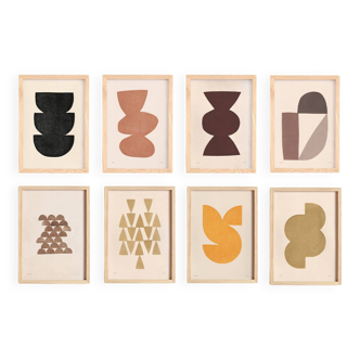 Collection of 8 framed paintings on paper in A4 size, warm colours.