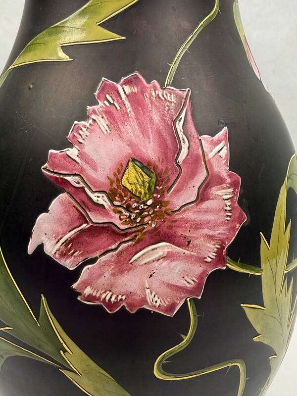 Art Nouveau vase in purple enamelled glass with poppy decoration, Poschinger circa 1900