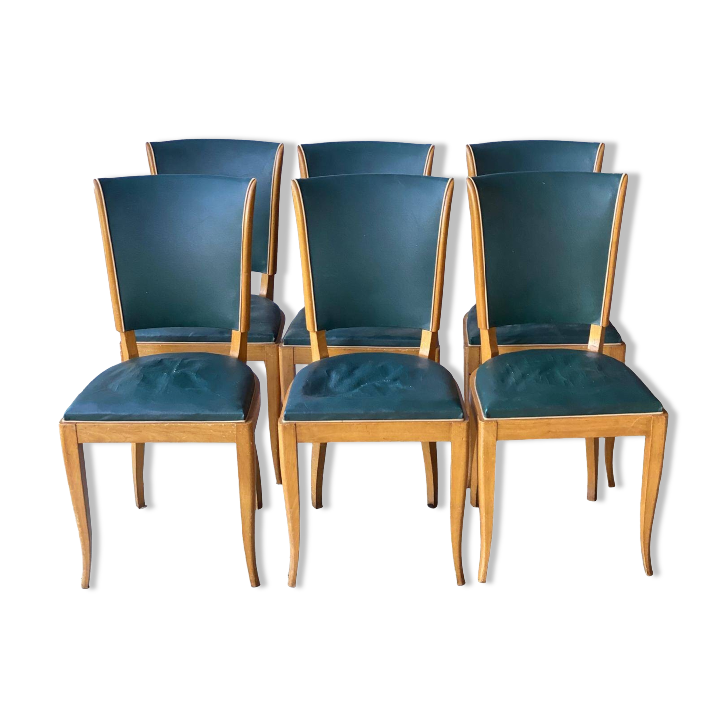 6 vintage dining chairs in solid wood and blue green leather