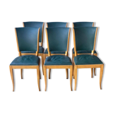 6 vintage dining chairs in solid wood and blue green leather
